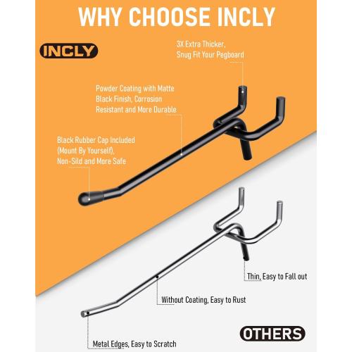 INCLY 60 Pack 2/4/6 Inch Black Pegboard Hooks, 1/4 Heavy Duty Peg Board Shelving Hooks Accessories, Peg Board Tool Hangers Fit for 1/4 Pegboard Hanging Tools Garage, Craft Organizing, Kitchen, Store