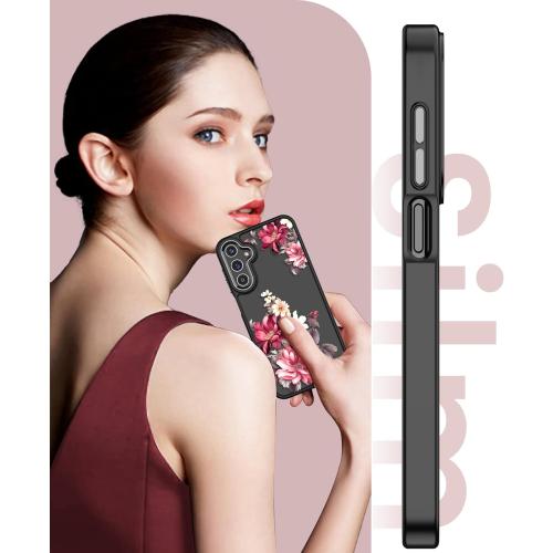 for Samsung Galaxy A25 5G Case Tempered Glass Screen Protector,Military Grade Protective Slim Soft TPU & Hard PC,Girls Women Crystal Clear Flower Pattern Case Cover for A25 5G-Black