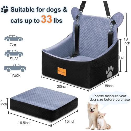Dog Car Seats for Small/Medium Dogs up to 33lbs(Grey Black). | Car Seat for Dogs, Waterproof Washable, 2 Safety Belts, Non-Slip Base, Storage Pocket, Car Front/Rear Travel, Outdoor Dog Bed