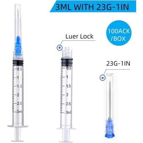 100 Pack Disposable 3ml/cc Lab Syringes with 23Ga 1 Inch Needle Luer Lock, Individually Sealed Packed