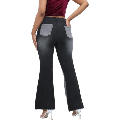 THUNDER STAR Women Large Patchwork Flare Jeans Stretch High Waisted Bell Bottom Raw Hem Denim Pants
