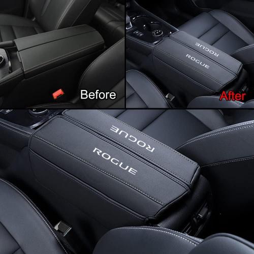XITER with Rogue Logo 1PC Leather Center Console Armrest Cover with Side Pockets for Nissan Rogue 2021 2022 2023 2024 2025 2026 Accessories(Black Stitches)