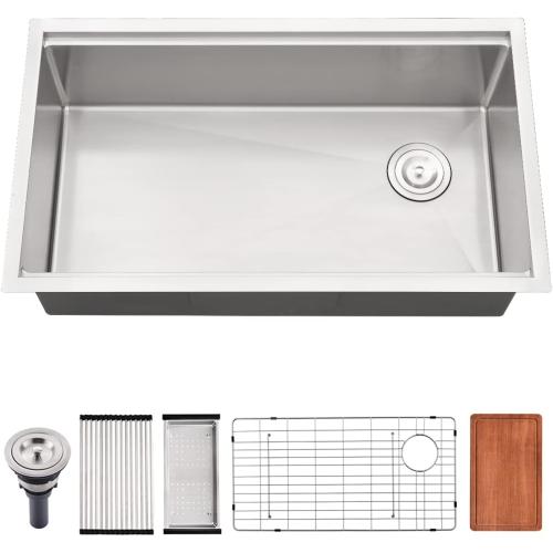 33 Inch Undermount Kitchen Sink, 33x19 Single Bowl Workstation 16 Gauge Stainless Steel Undermount Kitchen Sink with Offset Drain