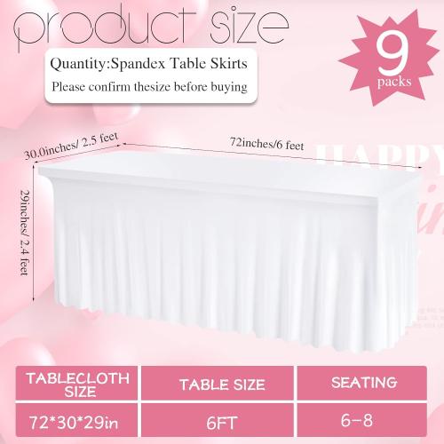 Tudomro 9 Pack White Spandex Table Skirts for Rectangle Tables 6ft Wrinkle Resistant Table Covers Stretch Ruffles Tablecloth Desk Skirt for Wedding Birthday Party Events Banquets, 72 x 30 x 29 Inch