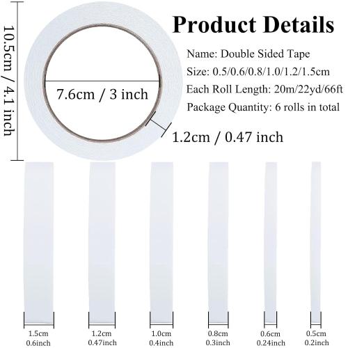 Double Sided Tape for Crafts, 6 Rolls Multi-Size Double-Sided Adhesive Tape for Arts, Photography, Gift Box, Scrapbooking, Card Making, Paper Backing