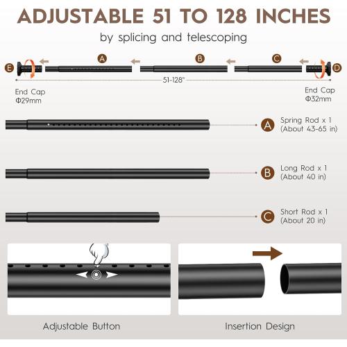 ZYKORT Tension Curtain Rod 51-128 In (4-10Ft), Shower Curtain Rod No Drilling for Bathroom, Long Outdoor Curtain Rod for Patio Never Rust, Adjustable Tension Rod Diameter 1.26 In Renter Friendly Black