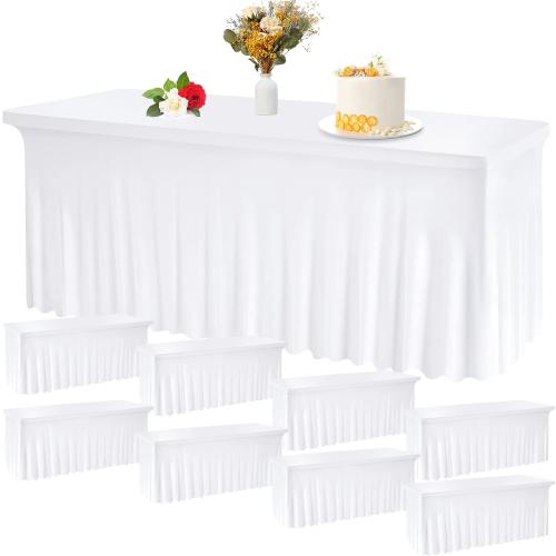 Tudomro 9 Pack White Spandex Table Skirts for Rectangle Tables 6ft Wrinkle Resistant Table Covers Stretch Ruffles Tablecloth Desk Skirt for Wedding Birthday Party Events Banquets, 72 x 30 x 29 Inch