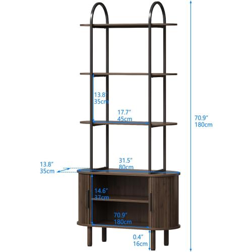 Espelism 71 Tall Mid-Century Display Shelf Bookshelf with Sliding Tambour Doors, 4-Tier Freestanding Vinyl Record Player Stand Fluted Storage Cabinet for Living Room, Bedroom, Home Office