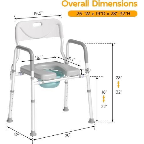 Xilingol Raised Toilet Seat with Handles and Back,350lb Bedside Commode Chair with Arms, 4-in-1 Adjustable and Portable Bathroom Chair for Adults, Seniors, Elderly, Handicapped, Disabled