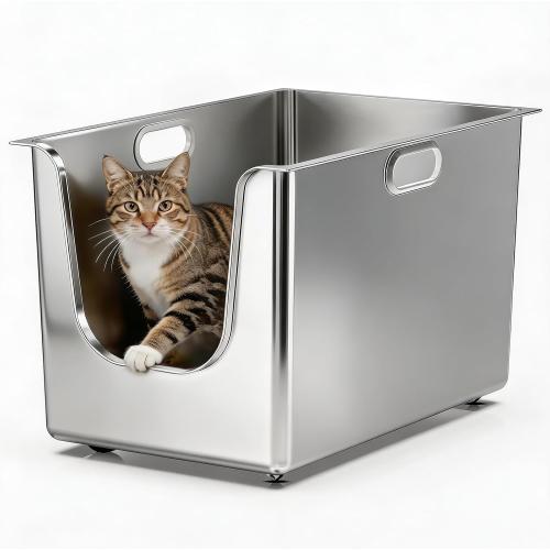 Stainless Steel Litter Box 13.7'' High Sides, XL Metal Cat Litter Box with Curved Low Entry, Cat Litter Pan for Big & Multiple Cats, Pet Toliet with Handy Wheels for Easy Moving