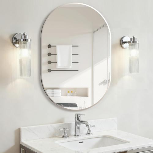 Oval Bathroom Mirror Capsule Wall Vanity Mirror, 24x36 Pill Mirrors Wall Mounted Mirror, Large Modern Mirror with Silver Metal Frame, Decor for Entryway, Bedroom, Living Room