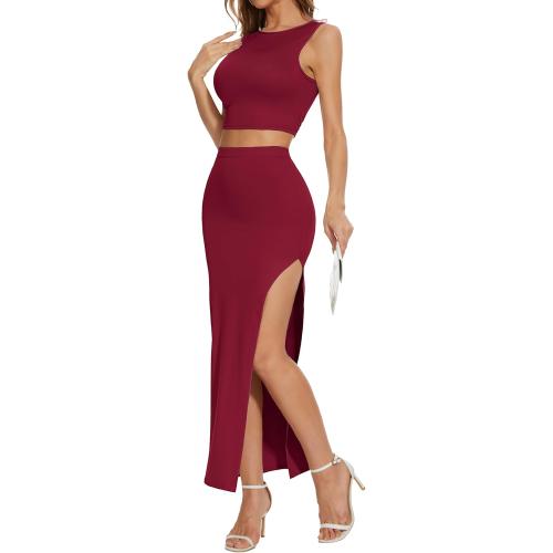 Size S ELLEVEN Sexy 2 Piece Maxi Skirt Sets for Women - Knit Bodycon Crop Tank Top and High Slit Skirt Dress Set, Summer Outfits