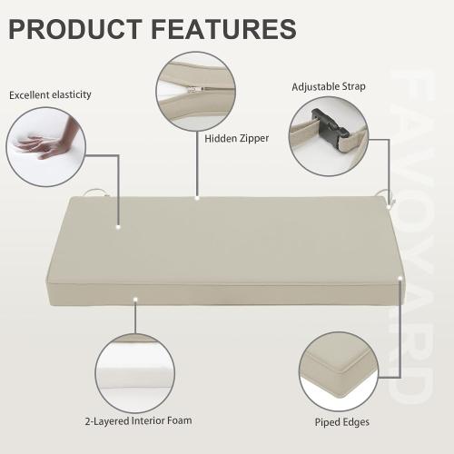 Favoyard Outdoor Bench Cushion 48 x 18 Inch Waterproof Patio Furniture Cushions 3-Year Color Fastness Garden Sofa Settee Couch Swing Pads with Handle and Adjustable Straps, Beige