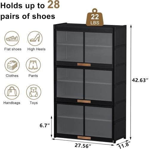 7 Tier Shoe Cabinet with Doors, 24-Pair Storage, Black