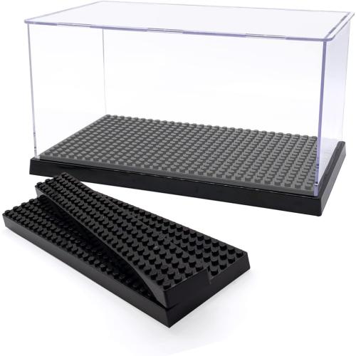 Acrylic Display Case for Figures Dustproof, Clear Display Box with Building Base, Collection Bricks Storage Blocks Aciton Figure Showcase(Black)