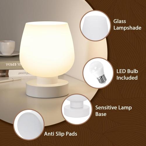 Seealle Touch Table Lamp for Nightstand - Small Bedside Lamp for Bedroom Living Room Night Stands, Desk Lamp with White Glass Shade for Small Spaces, 3 Way Dimmable, LED Bulbs, Gifts