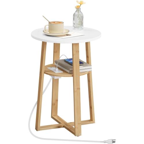 HOOBRO Round Side Table with Charging Station, Round Accent End Table with Bamboo Legs for Living Room, Bedroom, White and Natural YW101UBZ01
