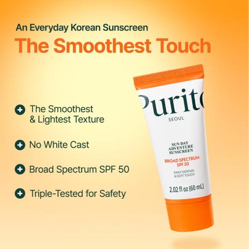 PURITO Korean Sunscreen SPF 50 for Sensitive Skin, 2.02 fl.oz | Lightest Texture, No White Cast, Broad Spectrum UVA/UVB, Oil-Free & Vegan, Daily UV Defense