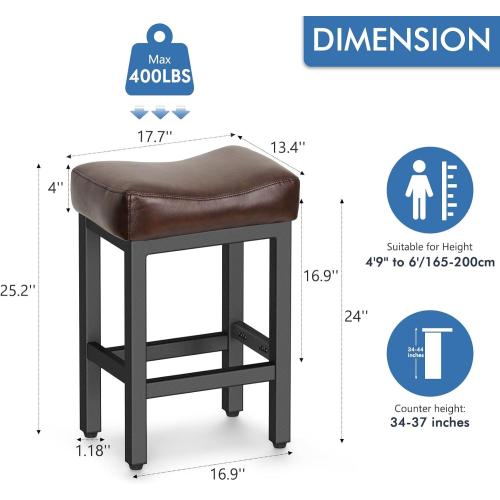 Raynesys Counter Height Bar Stools Set of 2, 24 Inch Barstools for Kitchen Island Counter, Bonded Leather Kitchen Stools with Thick Saddle Seats & Heavy Duty Metal Base, Easy Assembly, Brown/Black