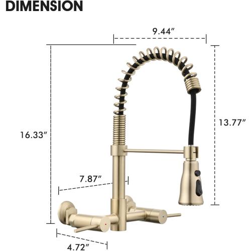 Wall Mount Kitchen Faucet, 8 Inch Center Commercial Sink Faucet with Pull Down Sprayer, 2 Handle Wall Mount Faucet for Kitchen Sink, Brushed Golden