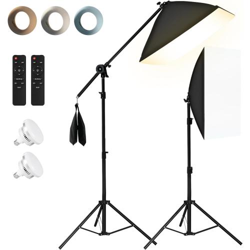 NiceVeedi 85W Photography Lighting, 2-Pack 20'' x 28'' Professional Softbox Lighting Kit with 53'' Boom Arm & 91'' Tripod Stand, Remote Control, Studio Lights for Live Streaming/Portrait/Photography