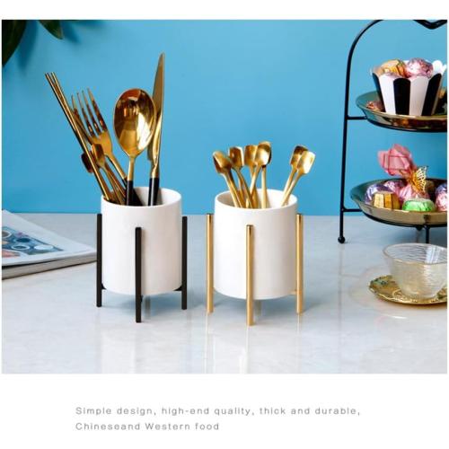 Gold pencil cup Sturdy metal frame with white ceramic pen holder For desks and kitchen appliance holders