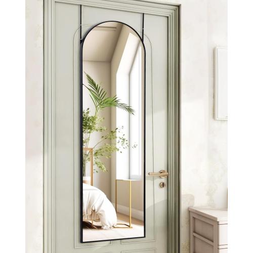KOMCOTE Full Length Mirror 48x14 Inches - Over The Door Hanging Mirror for Bedroom, Living Room, Closet - Arch Floor Mirror, Door Mirror with Black Frame - No Drill Easy Install