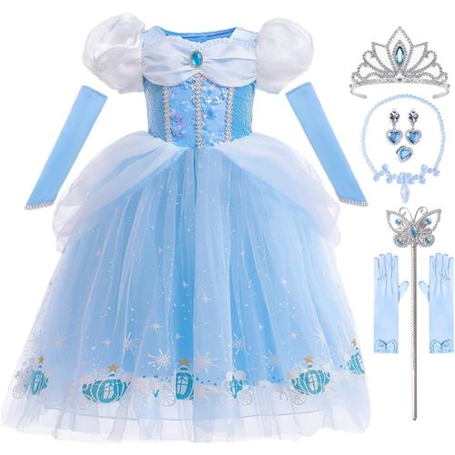 4-5T Girls Princess Dress Kids Halloween CarnivParty Cosplay Costume Toddler Puffy Sleeve Blue Fancy Outfit