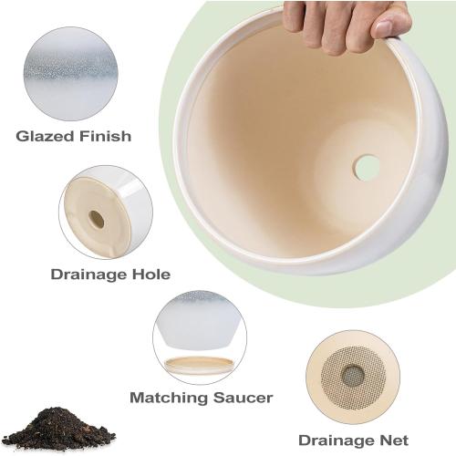 Ceramic Pots for Plants - 8 Inch Planter with Drainage Hole and Saucer, Round Flower Pot for Indoor Outdoor Plants, Decorative Planter, House Patio Decor, Housewarming Gifts, White-Grey
