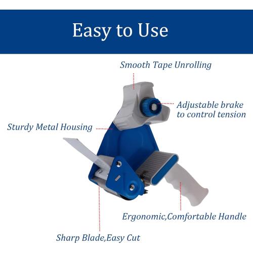 FCLMHD 2 Inch Tape Gun Dispenser with 2 Inch Carton Packing Tape, Lightweight Industrial Side Loading Tape Dispenser - Blue(2Inch