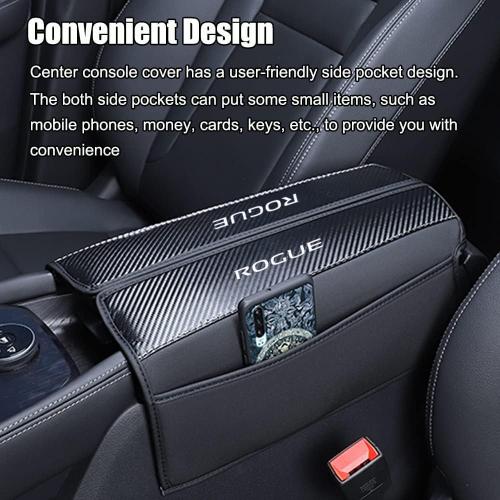 XITER with Rogue Logo 1PC Leather Center Console Armrest Cover with Side Pockets for Nissan Rogue 2021 2022 2023 2024 2025 2026 Accessories(Black Stitches)