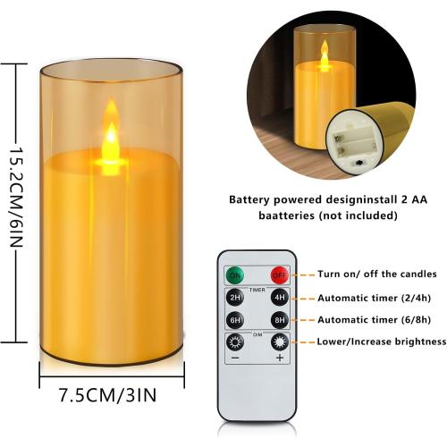 wemarry Flameless Candles Acrylic Glass Pillars 3 D x 6 H Battery Operated Flickering Candles Include 8-Key Remote with Timer Function 400  Hours (Amber, Warm Light 2 Pack)