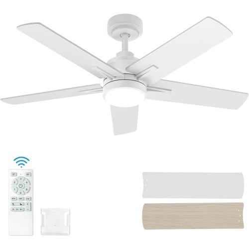 42 Inch White Ceiling Fan with Light and Remote Control,Dimmable 3 Color Temperatures LED Ceiling Fan,6 Speeds Reversible DC Motor,5 Blades Modern Ceiling Fans for Indoor or Covered Outdoor