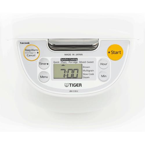 TIGER JBV-S10U 5.5-Cup (Uncooked) Micom Rice Cooker and Warmer with Tacook Food Steamer Cooking Tray Technology, White