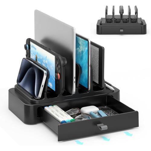 KDD Vertical Laptop Stand with Drawer - 7-in-1 Space-Saving Laptop Holder with Gravity Locking Fits MacBook, Dell, HP, Chromebook, Surface Pro, Tablet, Cell Phone, Switch, Keyboard Desktop Organizer