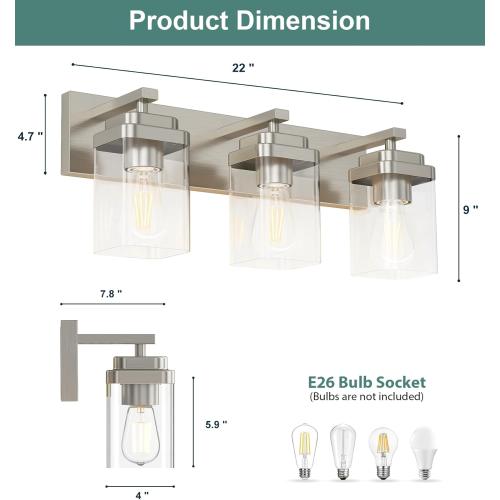 Brushed Nickel Bathroom Light Fixtures, 3 Lights Bathroom Lighting Fixtures Over Mirror, Square Design & Rectangle Large Backplate, Modern Vanity Lighting Fixtures, for Living Room/Bedroom
