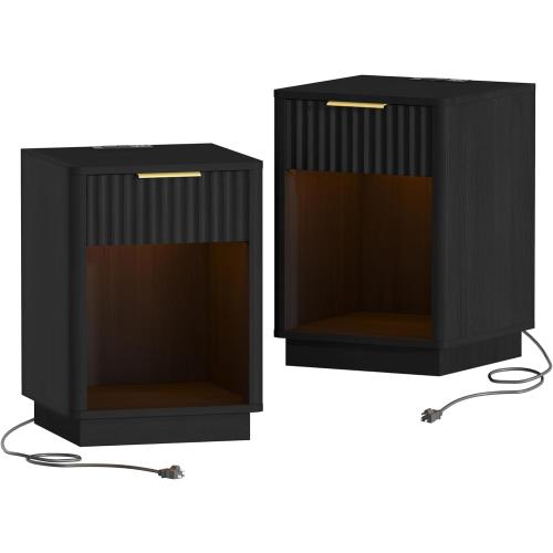 Akxomel Fluted Nightstands Set of 2, Wooden Night Stand with Charging Station and LED Light, Modern Mid Century End Table with Drawer, 15 D x 15.7 W x 22.6 H, for Bedroom, Black