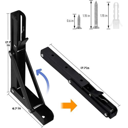 Folding Shelf Brackets - 18 inch 4 Pcs DIY Wall Mounted Shelf Brackets for Garage Workstation, Stuff Supports, Plant Stand - Heavy Duty Metal Collapsible Floating Shelf Bracket Black