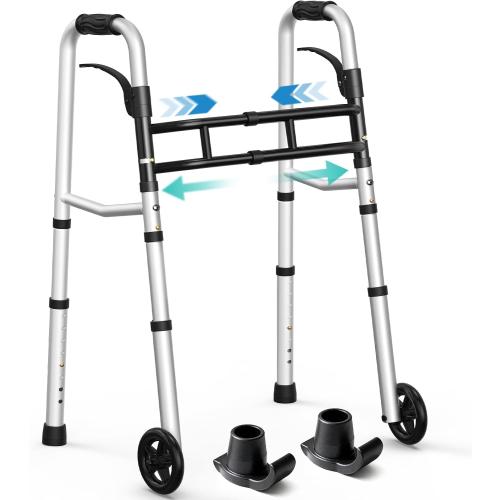 HOMENURSE Folding Walkers for Seniors with Skis, Width & Height Adjustable | Narrow Walker with 5 Wheels for Small Spaces, Aluminum Lightweight Standard Rolling Walker, Supports Up to 300lbs, Silver