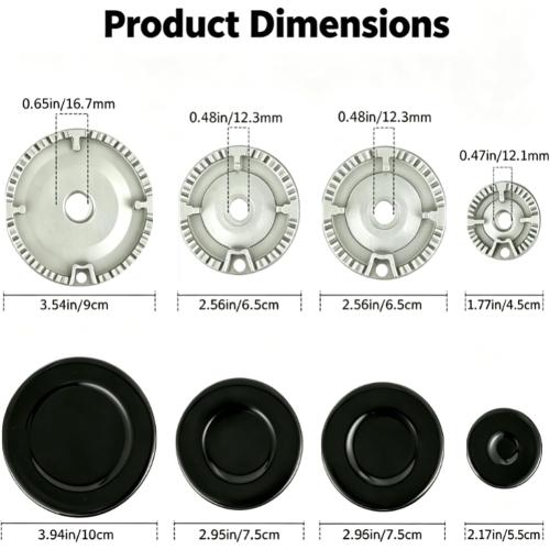 8 PCS Gas Stove Burner Caps Set, Universal Replacement for Most Gas Stoves 1 Large, 1 Small, 2 Middle Sizes Durable Flame Crown Covers for Oven Hobs