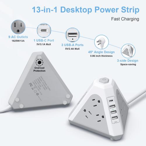 Tower Surge Protector Power Strip, NVEESHOX 9 AC Outlets with 4 USB Ports (1 USB C) 3-Side Triangle Outlets with USB Ports,6.5 Ft,Flat Plug, Charging Station with Surge Protection