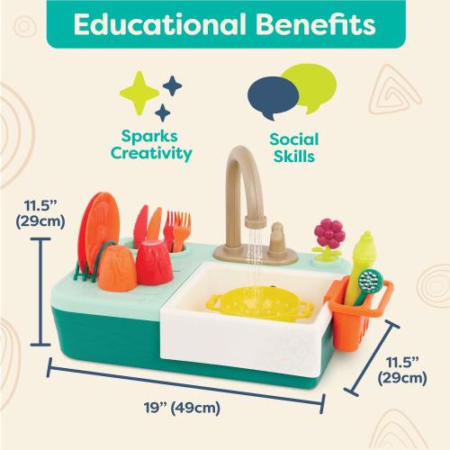 B. toys – Sink Play Set – Toy Kitchen Sink – Faucet & Running Water, Dishes, Play Food – Pretend Play Set For Kids – 3  Years– Splash – n – Scrub Sink