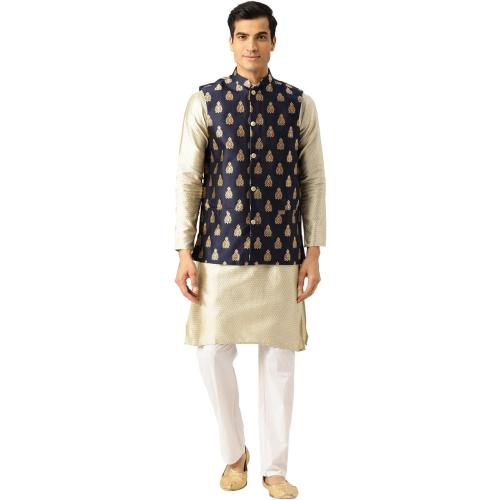 Size 44 Color Blue and Gold Sojanya (Since 1958, Men's Silk Blend Magenta & Gold Self Design Nehru Jacket