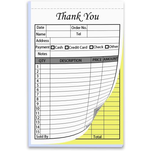 50 Sets Thank You Receipt Book with Carbonless Copies, 5.5 x 8.3 in Invoice Receipt Book for Small Business - White/Yellow 2 pk