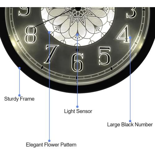 eYotto Night Light Wall Clock for Bedroom, Illuminated Wall Clocks Battery Operated Glow in The Dark Lighted Clock for Home, Living Room, Kitchen, Office, Easy to Read Large Display, 12Inch