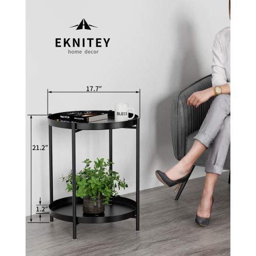 EKNITEY 2 Tier End Table - Metal Side Table Waterproof Small Sofa Coffee Side Tables Bedroom Indoor Outdoor with Removable Tray for Living Room Bedroom Balcony and Office (Black)