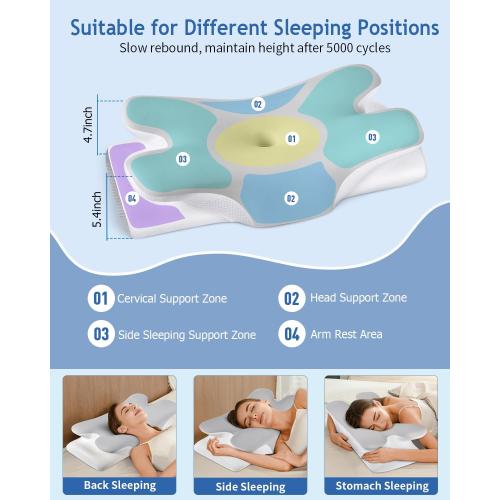 Grey and White Cervical Neck Pillow for Neck Shoulder Pain Relief, Soft Contour Side Sleeper Pillow of 2 Heights, Odorless Q-max Cooling Memory Foam Orthopedic Bed Pillow for Back Stomach Sleeper