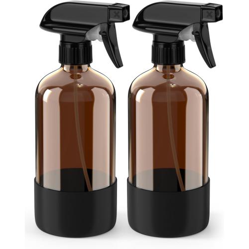 Glass Spray Bottle with Silicone Sleeve Protection, Amber Glass Spray Bottle Set for Window Cleaner Aromatherapy Facial Hydration Watering Flowers Hair Care 2 Pack/16 oz (Black)