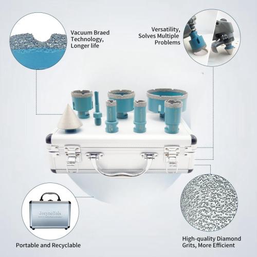 JeeynoTols Diamond Core Drill Bits Set 9pcs(4/5,1,1-3/8,2,2-1/2,4 Drill Bit 2 Beveling Chamfer Bit 2 Adapter) for Ceramic,Tile,Marble,Porcelain for Drilling,Shape,Enlarge,5/8-11 Thread