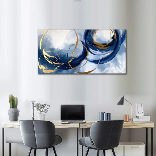 Abstract Wall Art Nave Blue Modern Canvas Pictures Art Print Gold Contemporary Artwork Painting Decor for Living Room Bedroom Home Office Decorations(20x40)
